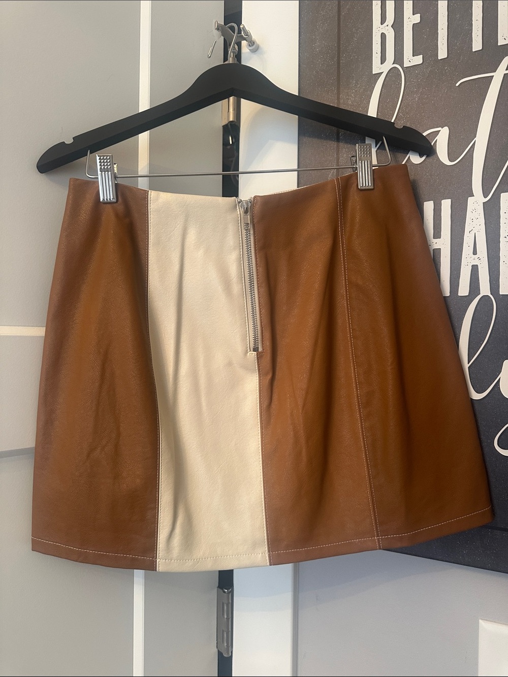 NWT 12th Tribe Brown and Cream Faux Leather Colorblock Mini Skirt - Picture 3 of 3